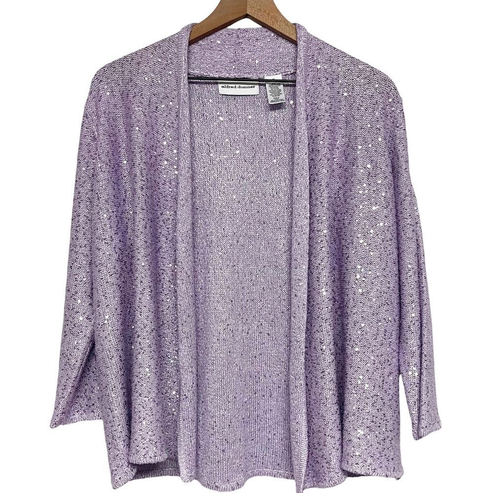 Alfred Dunner Womens Purple Sparkly Cardigan Sweater Size M Open Front Dressy